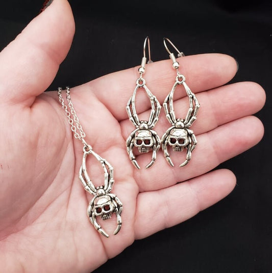 Spooky Goth Skull Spider Earrings and Necklace Set