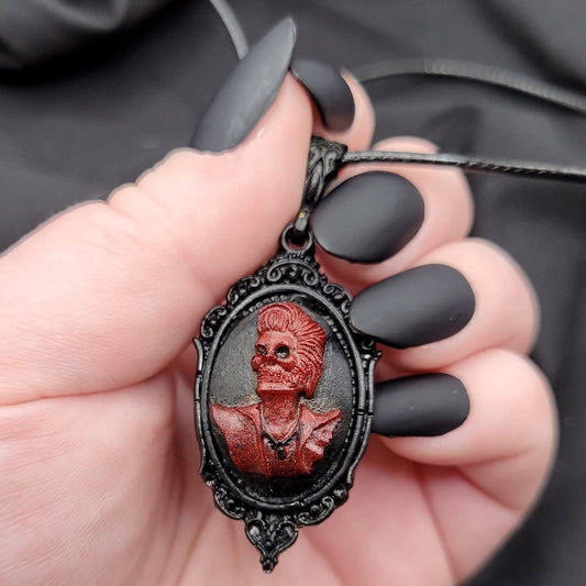 Spooky Red and Black Goth Skeleton Cameo Pendant Necklace