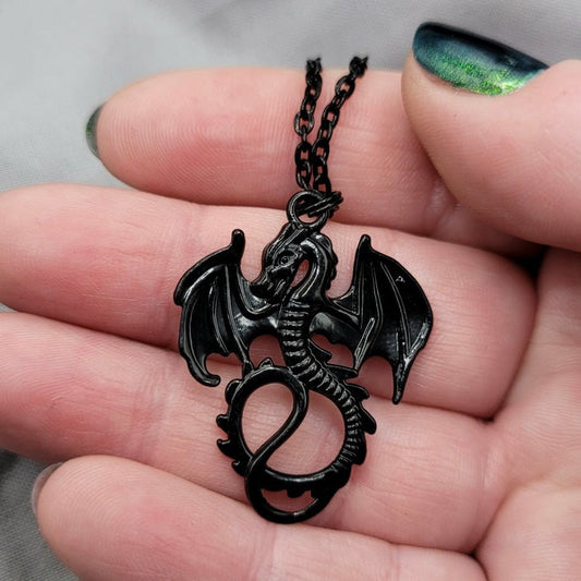 Fantasy Goth Black Dragon Charm RPG Necklace