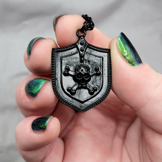 Black Goth Skull and Crossbones Pirate Shield Charm Necklace