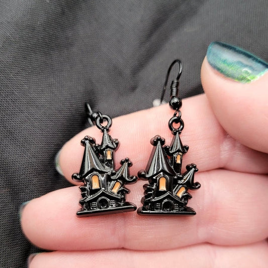 Spooky Goth Black Haunted House Charm Earrings