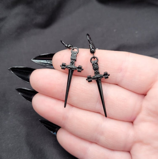 Gothic RPG Fantasy Black Dagger Charm Earrings