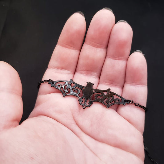 Goth Filigree Black Bat Charm Necklace
