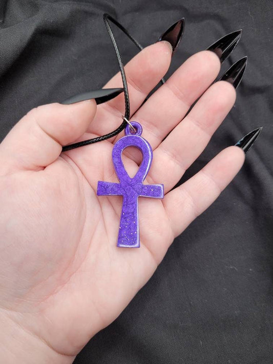 Goth Purple Resin Ankh Pendant with Silver Accent Glitter