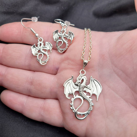 Fantasy DnD Cosplay RPG Silver Dragon Wyvern Earrings and Necklace Set