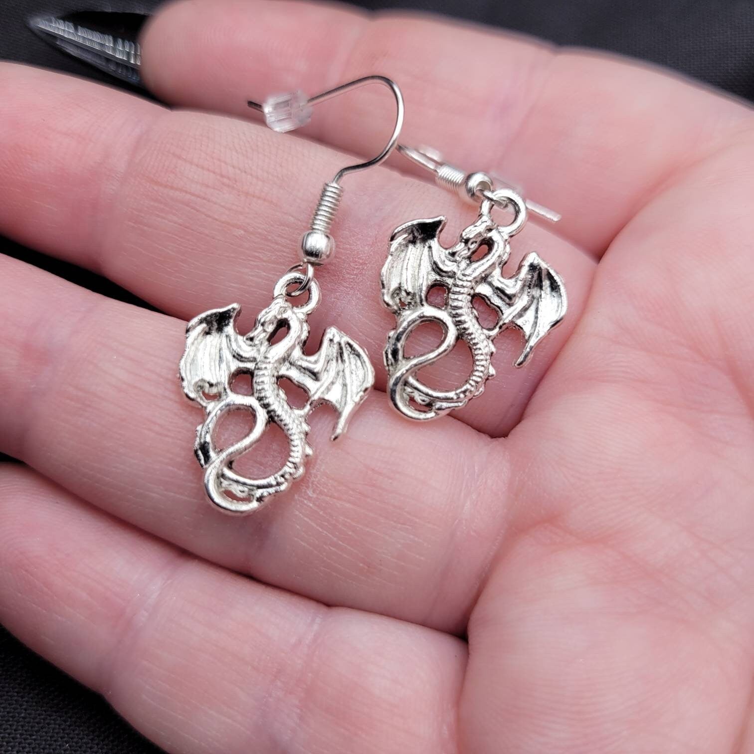 Fantasy DnD Cosplay RPG Silver Dragon Wyvern Earrings and Necklace Set