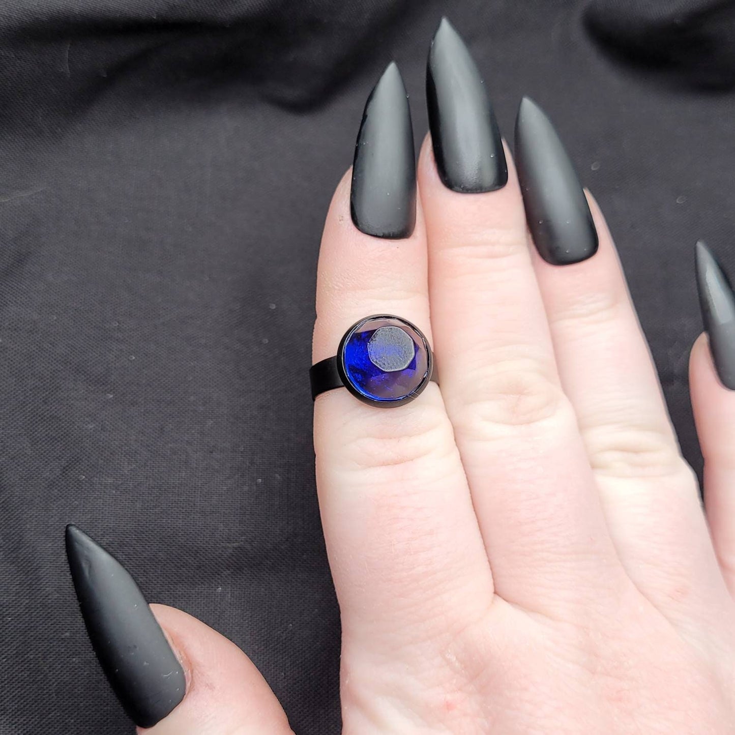 Handmade Goth Black and Blue Adjustable Resin Ring