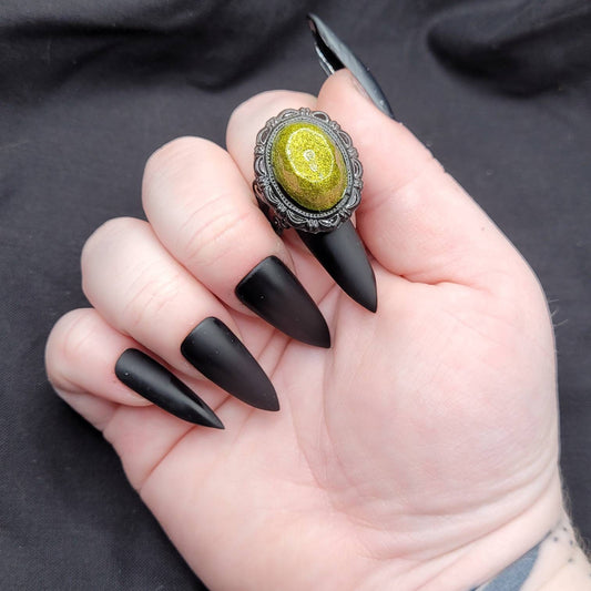 Unique Goth Handmade Adjustable Black and Green Sparkly Fantasy Resin Ring