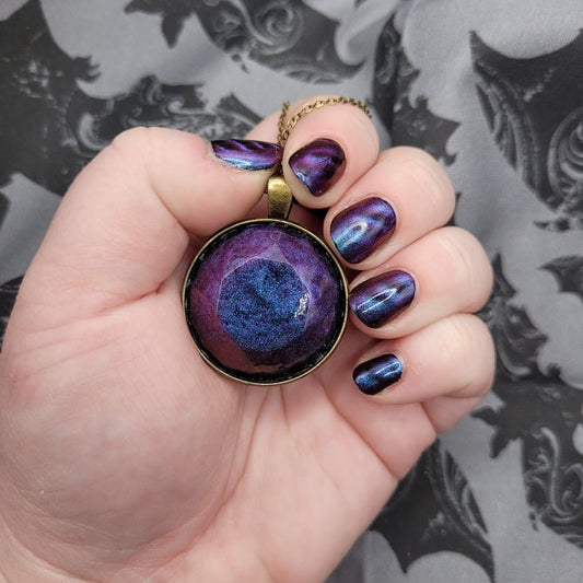 Handmade Multichrome Purple Blue Shift Resin Pendant Necklace with Bronze Bezel Setting