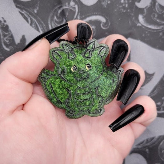 Cute Handmade Hand-Painted Fantasy D&D RPG Green Multichrome Resin Dragon Pendant Necklace