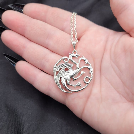Silver Fantasy Myth Three-Headed Dragon Hydra Necklace