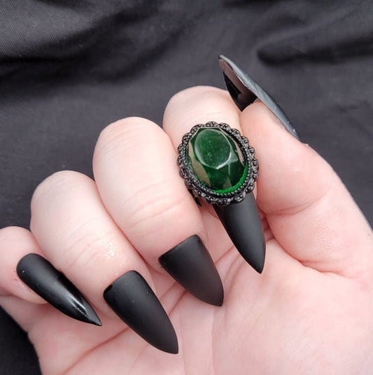 Goth Black and Green Witchy Resin Adjustable Ring