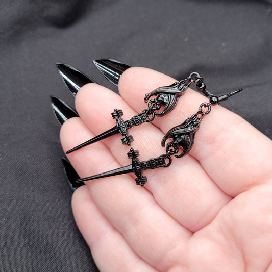 Goth Nerdy Black Bat and Dagger Dangle Earrings