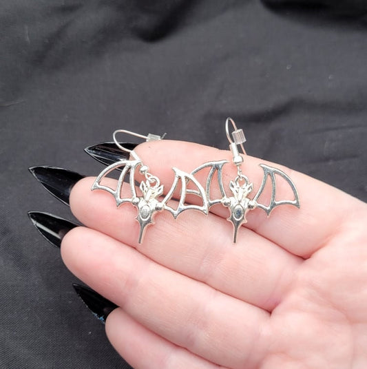 Goth Silver Vampire Bat Earrings