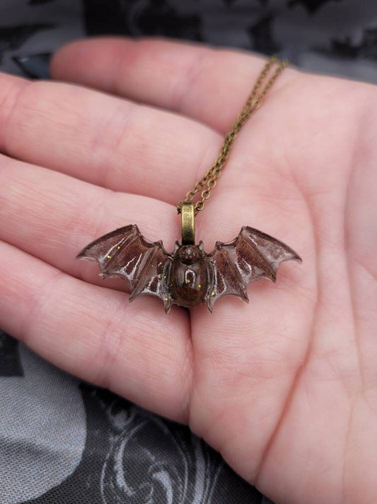 Goth Multichrome Black Red Gold Glitter Sparkle Resin Bat Pendant Necklace with Bronze Chain