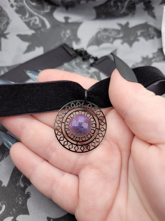 Handmade Unique Goth Black Velver Choker with Multichrome Faceted Purple and Blue Shift Resin Cabochon