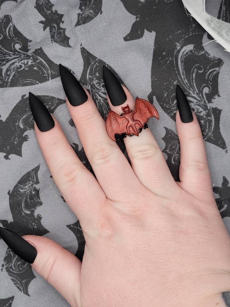 Handmade Unique Adjustable Red and Black Goth Resin Bat Ring