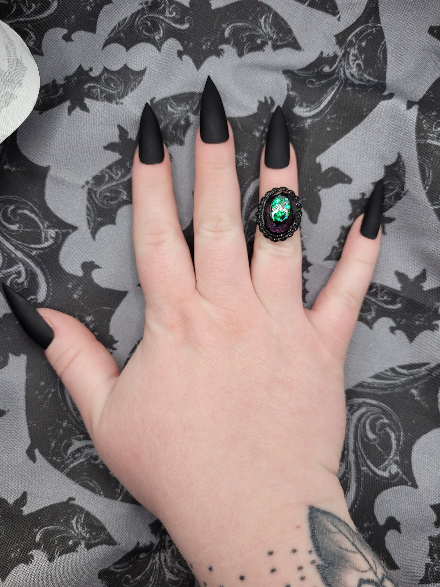 Handmade Unique Adjustable Witchy Goth Black Resin Cabochon Ring with Multichrome Purple Green Teal Flake Glitter