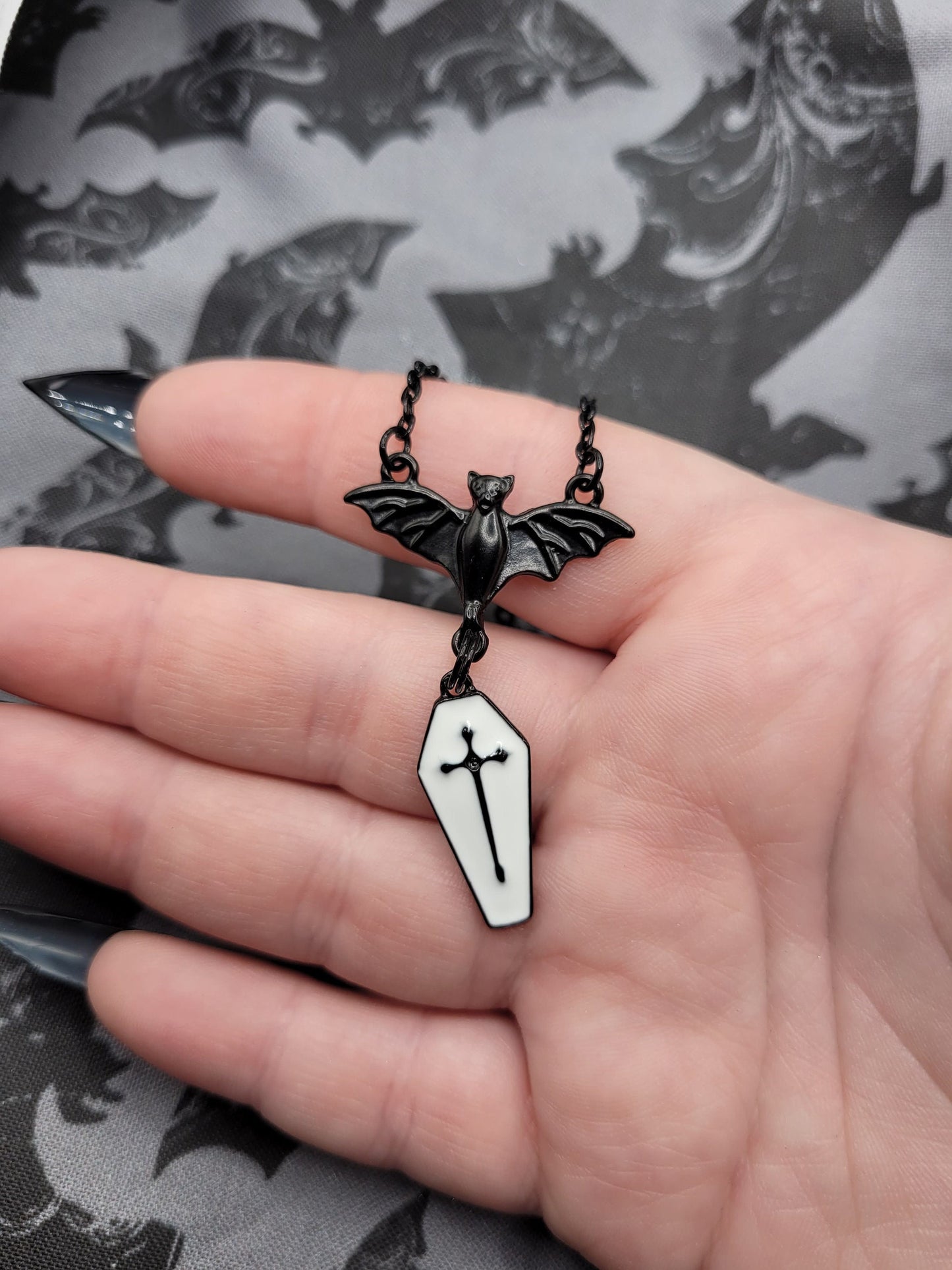 Goth Black Bat Charm Necklace with Black and White Coffin Dangle Charm