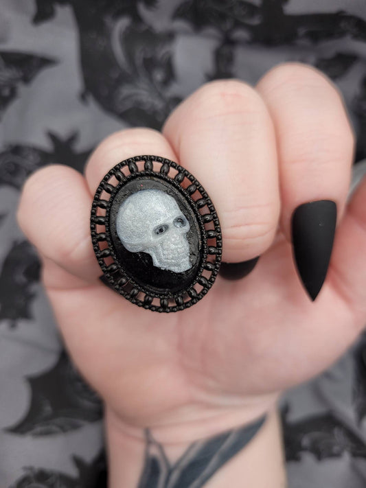Goth Adjustable Resin Black and White Handmade Skeleton Skull Cameo Resin Ring