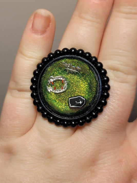 Goth Black, Green, and Silver Faceted Vampire Bat Resin Ring