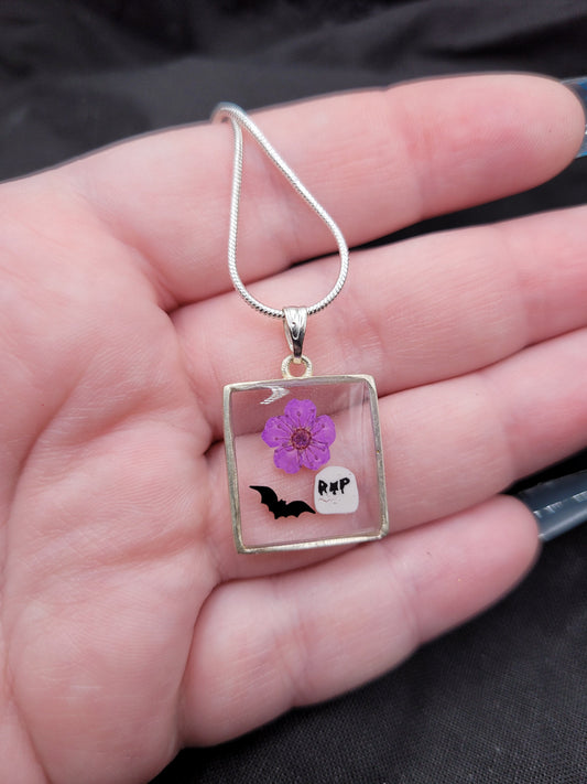 Silver Pastel Goth Square Resin Pendant Necklace with Black Bat,  White Tombstone, and Purple Spirea Flower