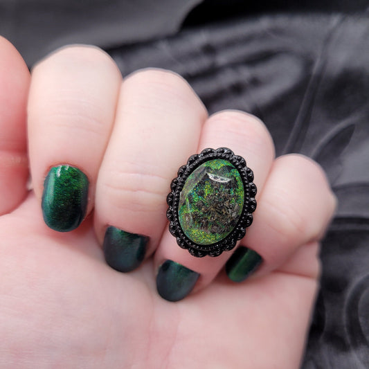 Black and Green Goth Multichrome Faceted Resin Ring with Black Flowers and Bat