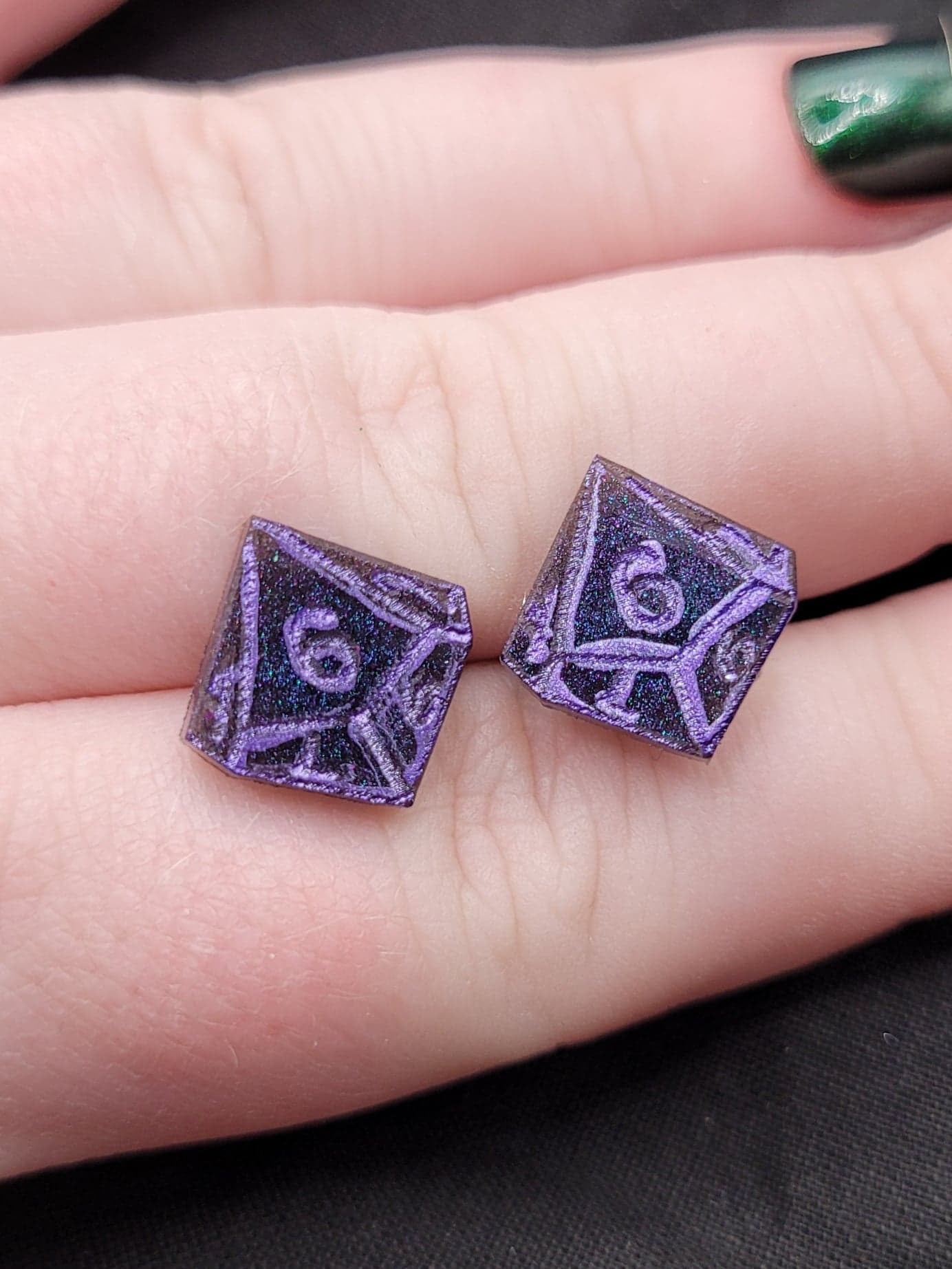 Purple and Blue Nerdy Sparkly DnD Dungeons and Dragons Multichrome Fantasy Dice Stud Resin Earrings