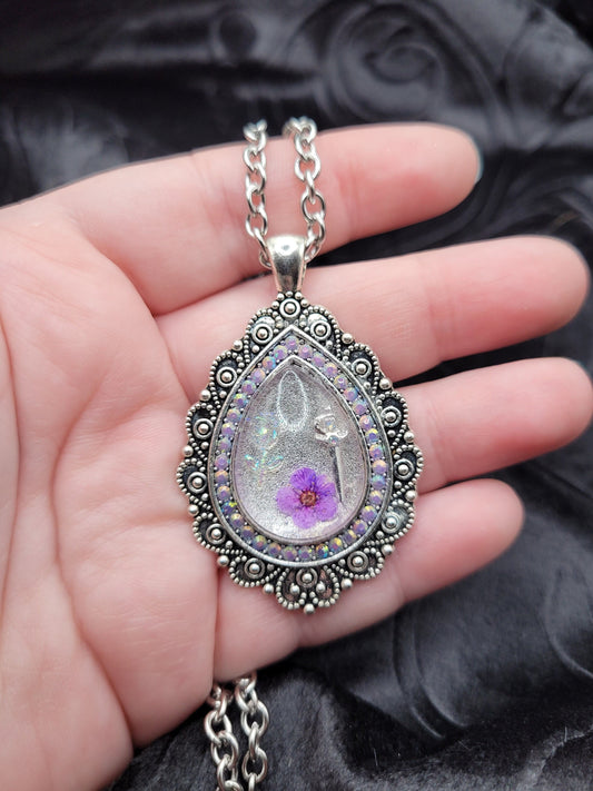 Silver, Blue, and Purple Opalescent Teardrop Fantasy RPG Sword and Flower Pendant Necklace with Rhinestones