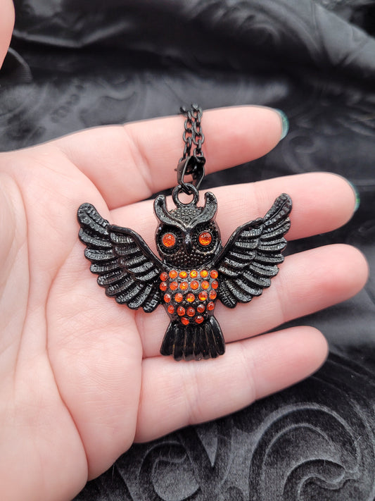 Goth Black and Red Rhinestoned Owl Pendant Necklace