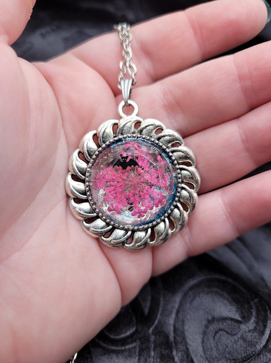 Silver Resin Pendant with Pink Flower and Little Black Bat