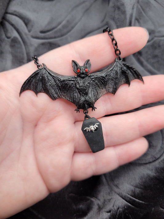 Black Goth Spooky Resin Bat Necklace with Red Eyes, Black Clay Dangle Coffin, and Silver Bat Charm