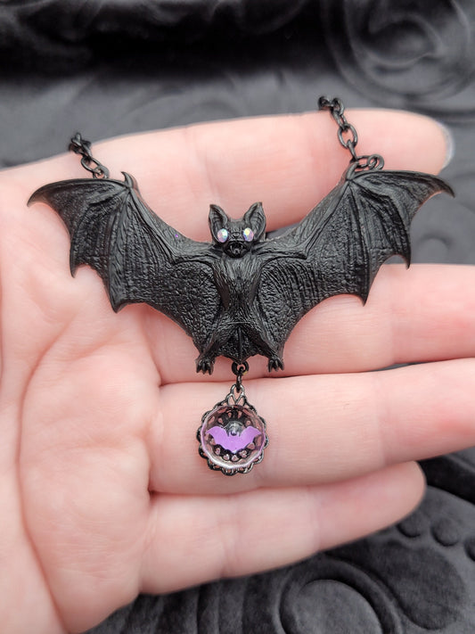 Black Goth Spooky Resin Bat Necklace with Purple Eyes and Dangle Purple Bat