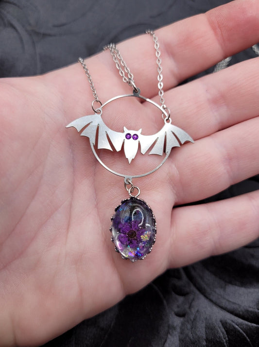 Multi-Strand Stainless Steel Purple and Silver Goth Bat and Resin Flower Necklace