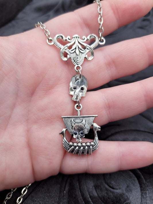 Silver Nordic Draugr Skull and Viking Ship Necklace with Lily Connector
