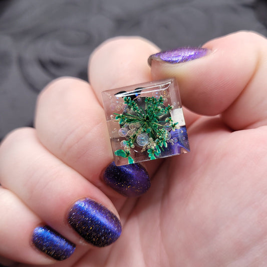 Square Resin Ring with Green Pressed Flower,  Black Bat, and Bubble Beads on Stainless Steel Adjustable Band