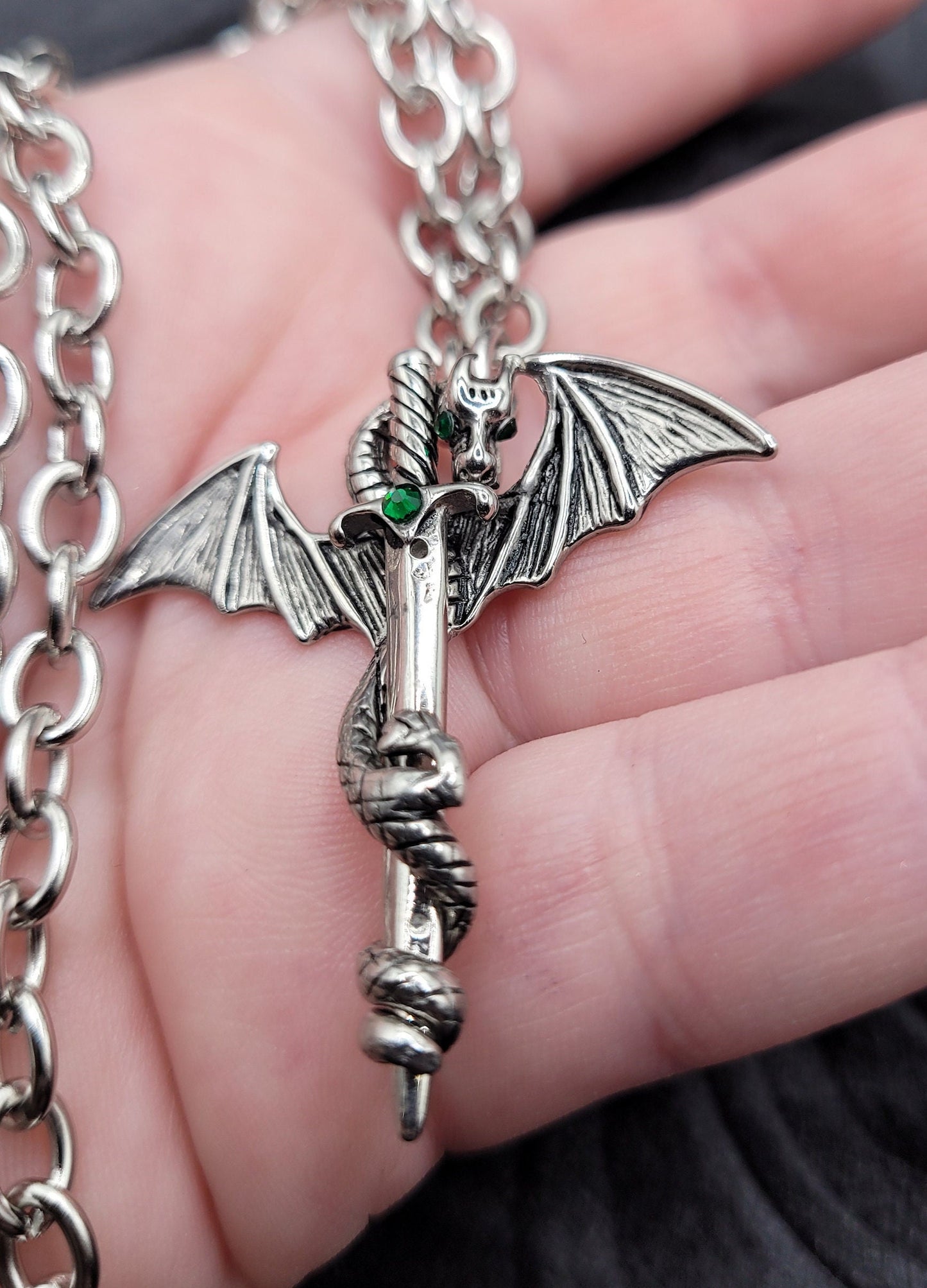 Silver Dragon and Sword Fantasy RPG Necklace with Stainless Steel Chain