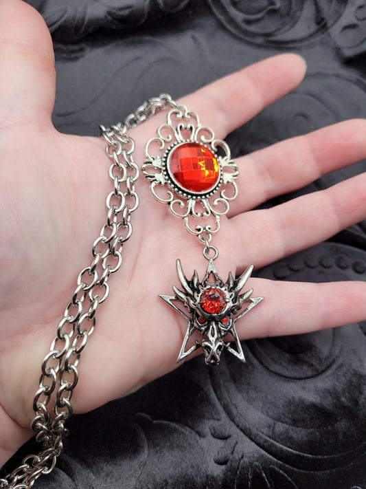 Ornate Silver Satanic Demonic Fantasy Dragon Dangle Necklace with Red Cabochon, Red Eyes, and Pentagram on Stainless Steel Chain