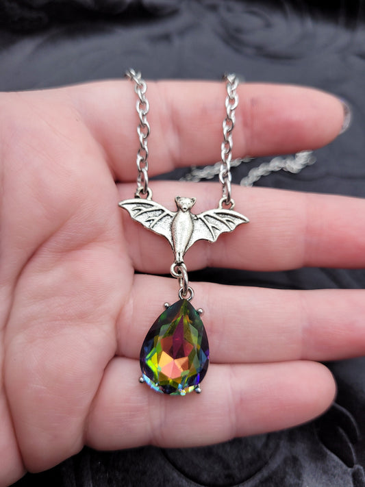 Silver Bat and Rainbow Teardrop Dangle Pendant Necklace