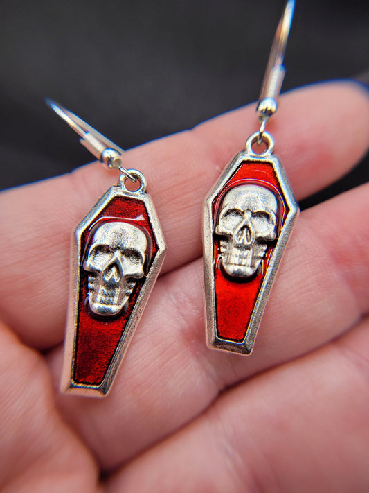 Red and Silver Goth Skull Coffin Charm Earrings