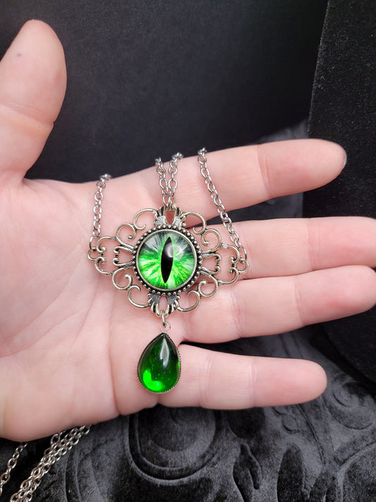Double Strand Silver and Green Dragon Eye RPG DND Fantasy Necklace with Dangle Resin Teardrop