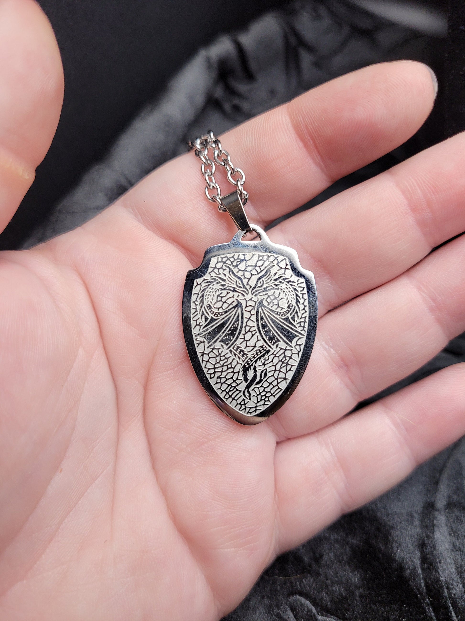 Stainless Steel Fantasy DND RPG Dragon Shield Necklace (multiple styles)