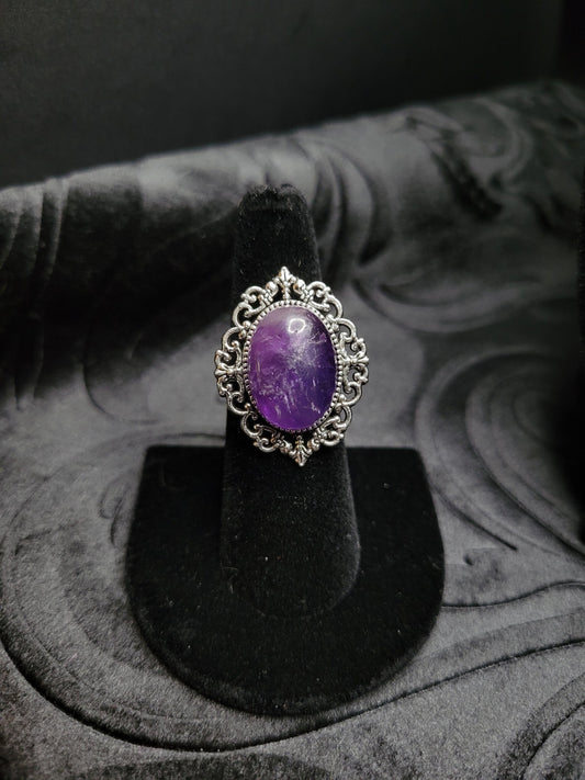 Adjustable Ornate Silver and Purple Amethyst Cabochon Ring