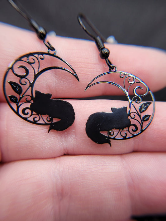 Black Cat and Crescent Moon Ivy Charm Earrings
