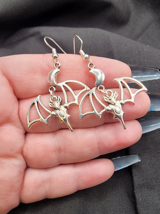 Goth Silver Vampire Bat and Crescent Moon Earrings