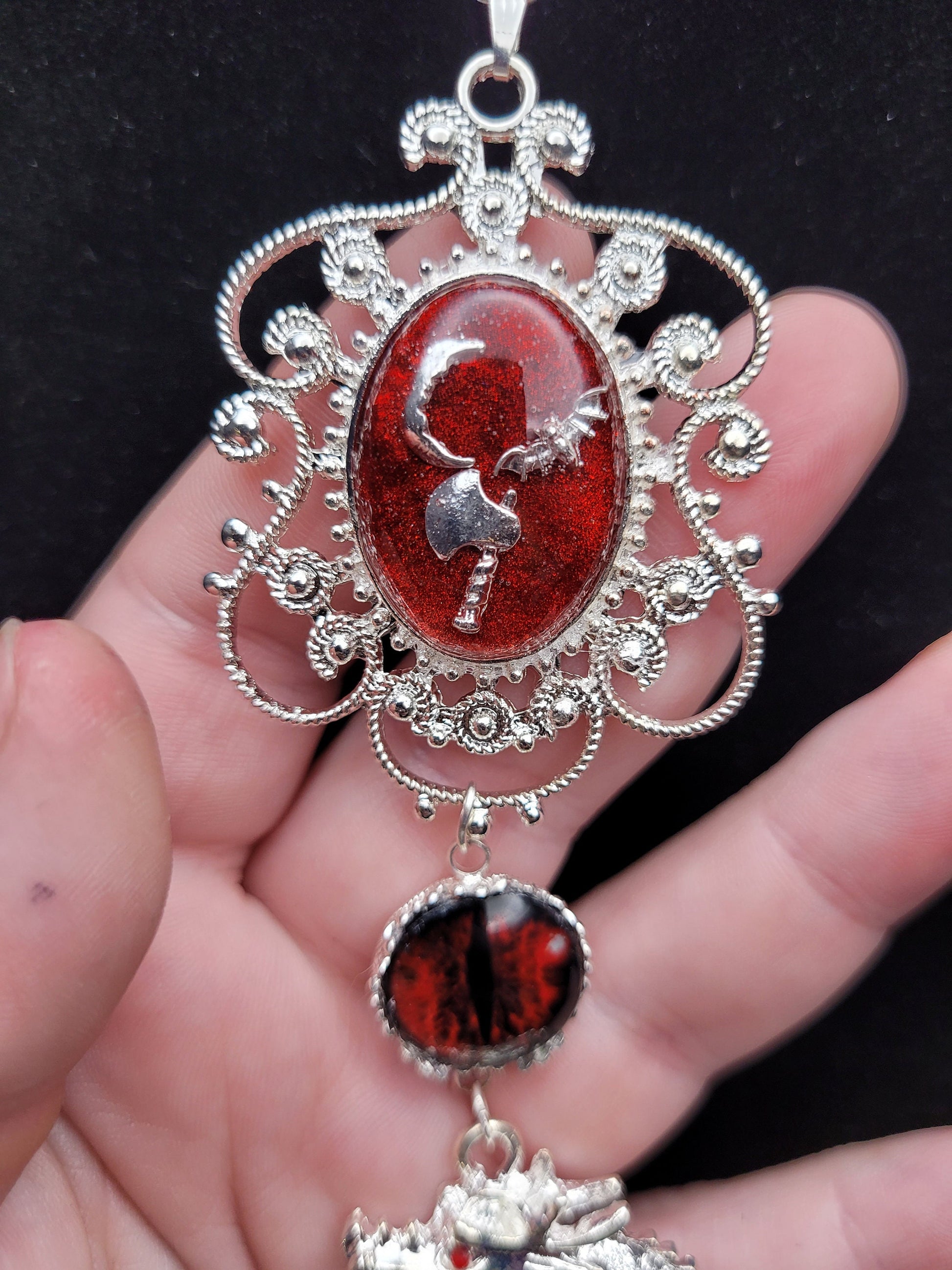 The Warrior: Red and Silver RPG Fantasy Dragon Necklace with Dragon Eye, Hand Axe, Moon, and Bat