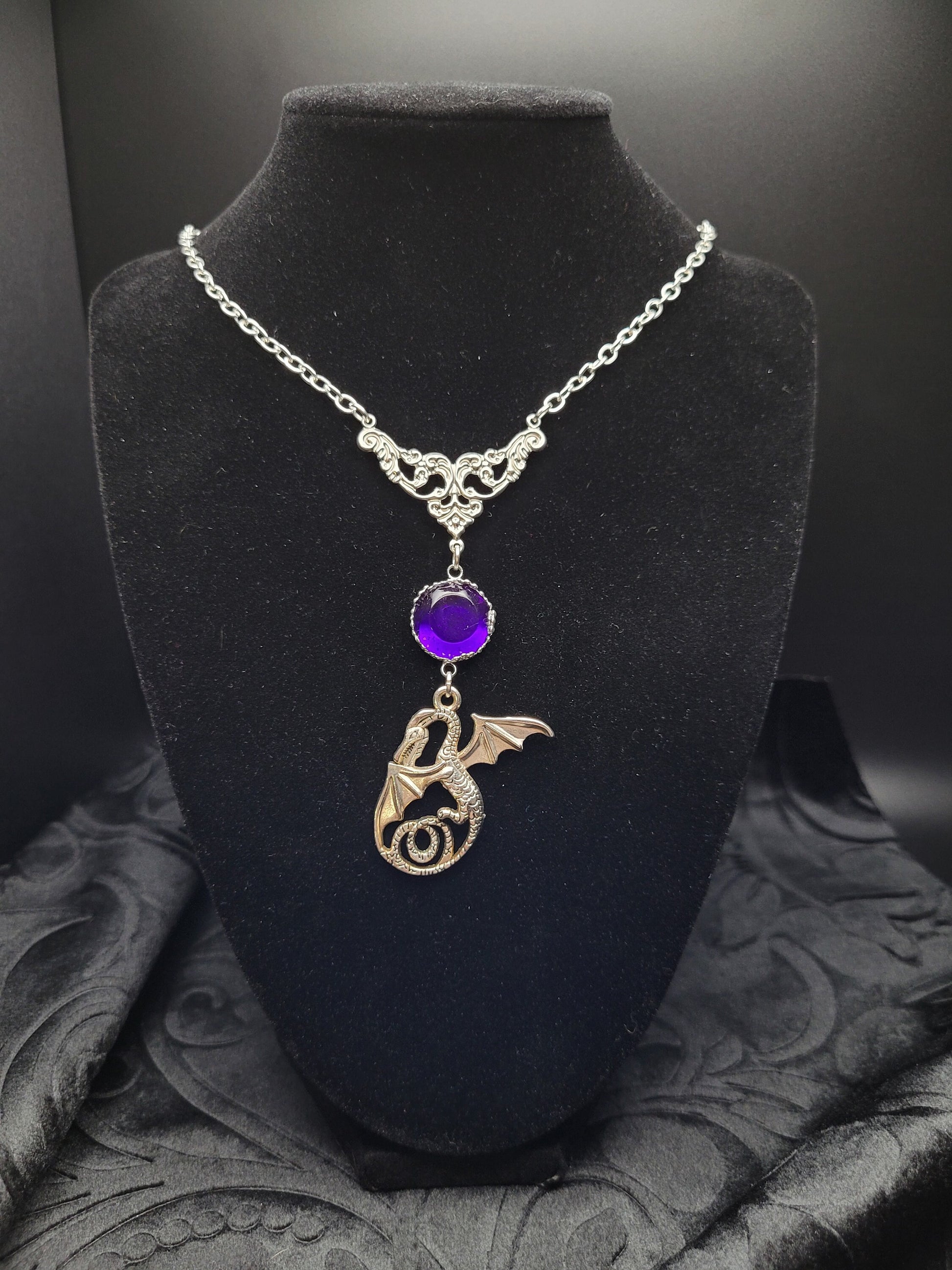 Purple and Silver Fantasy Filigree Dragon RPG DND Necklace with Resin Cabochon