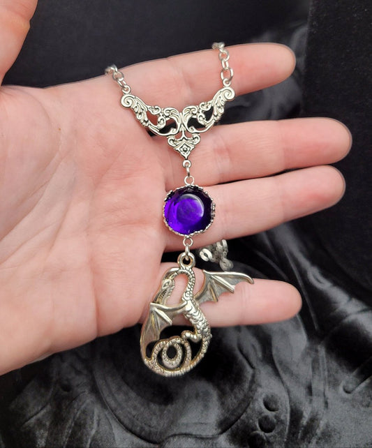 Purple and Silver Fantasy Filigree Dragon RPG DND Necklace with Resin Cabochon