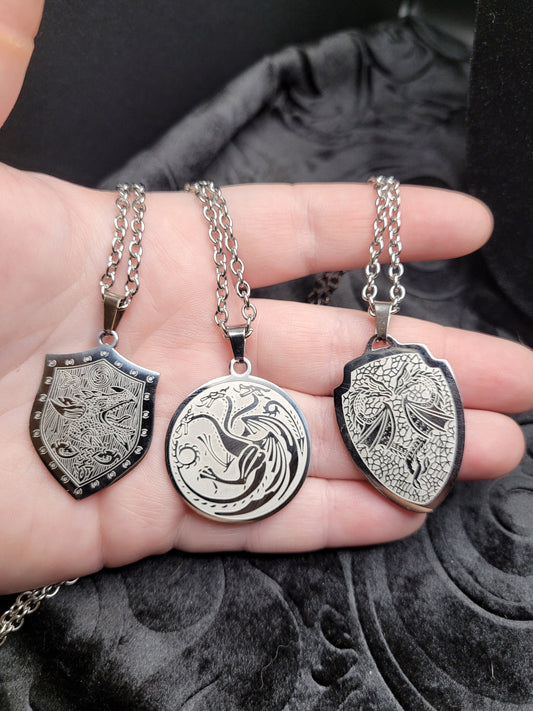 Stainless Steel Fantasy DND RPG Dragon Shield Necklace (multiple styles)