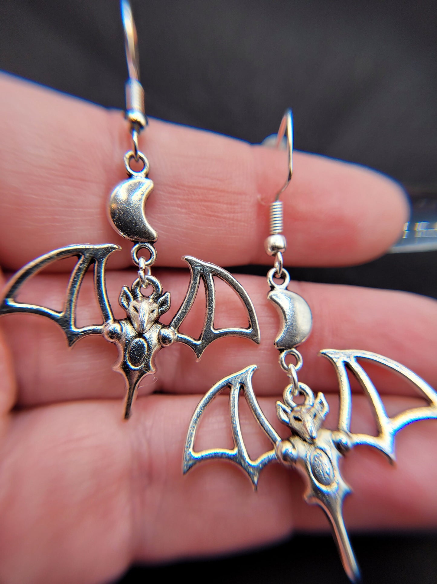 Goth Silver Vampire Bat and Crescent Moon Earrings